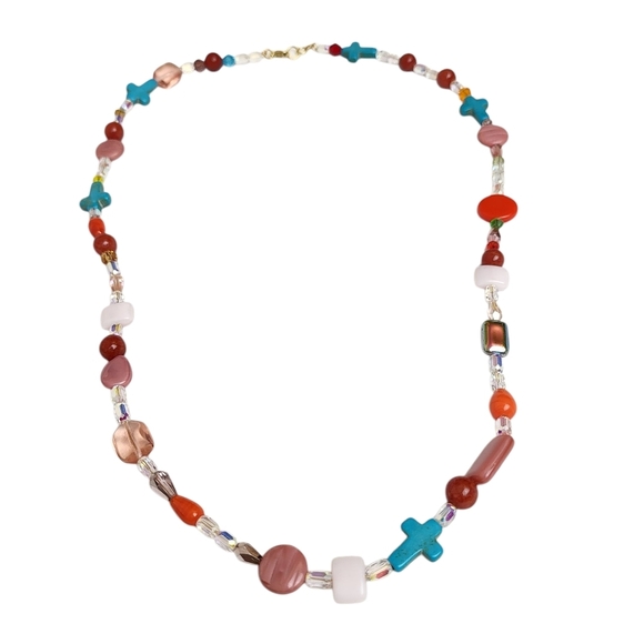 14k Gold Czech Glass Turquoise Cross Faceted Crystal Colorful Beaded Necklace - Picture 1 of 4